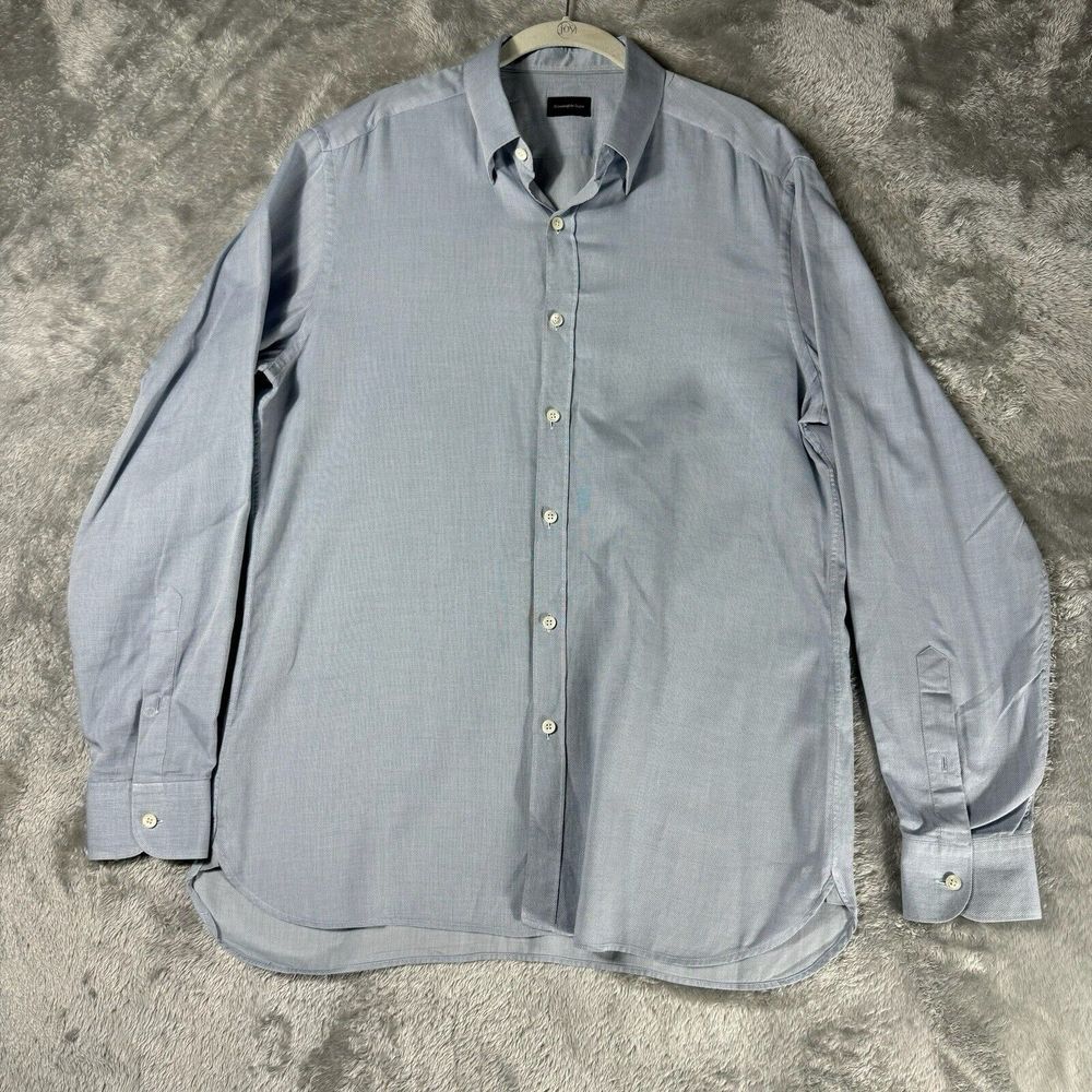 Ermenegildo Zegna Shirt Mens Large Blue Spread Collar Office‎